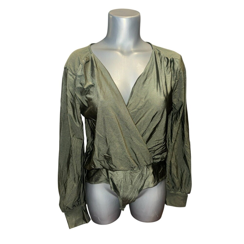 Privy army Green deep V pleaded shoulder bodysuit, medium